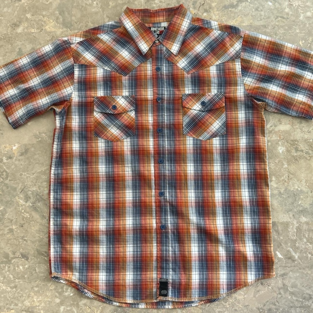 Vintage 2000s Anchor Blue Plaid Short Sleeve Button Up Shirt M 22.5x29